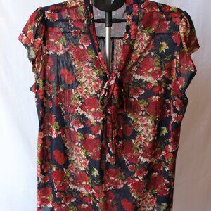 Siren Lily Woman 2X 100% polyester Navy and red flower print, tie neck